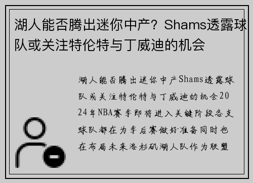 湖人能否腾出迷你中产？Shams透露球队或关注特伦特与丁威迪的机会